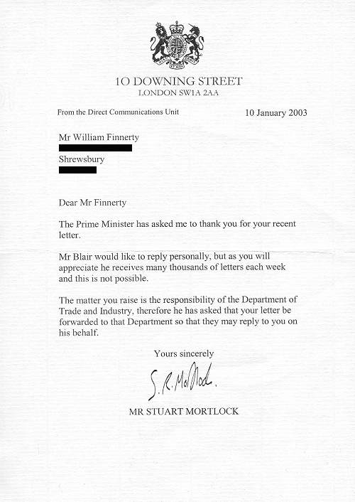 Scanned copy of letter from 10 Downing Street, London (dated January 10th 2003).