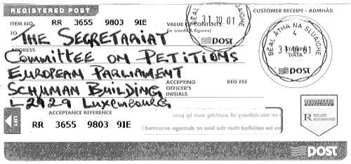 Registered letter receipt dated October 31st 2001 from BALLINASLOE Post Office