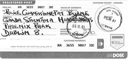 Registered letter receipt dated November 6th 2001 from GORT Post Office.