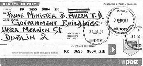 Registered letter receipt dated October 31st 2001 from TUAM Post Office