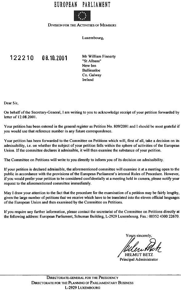 Reply from European Parliament dated October 8th 2001
